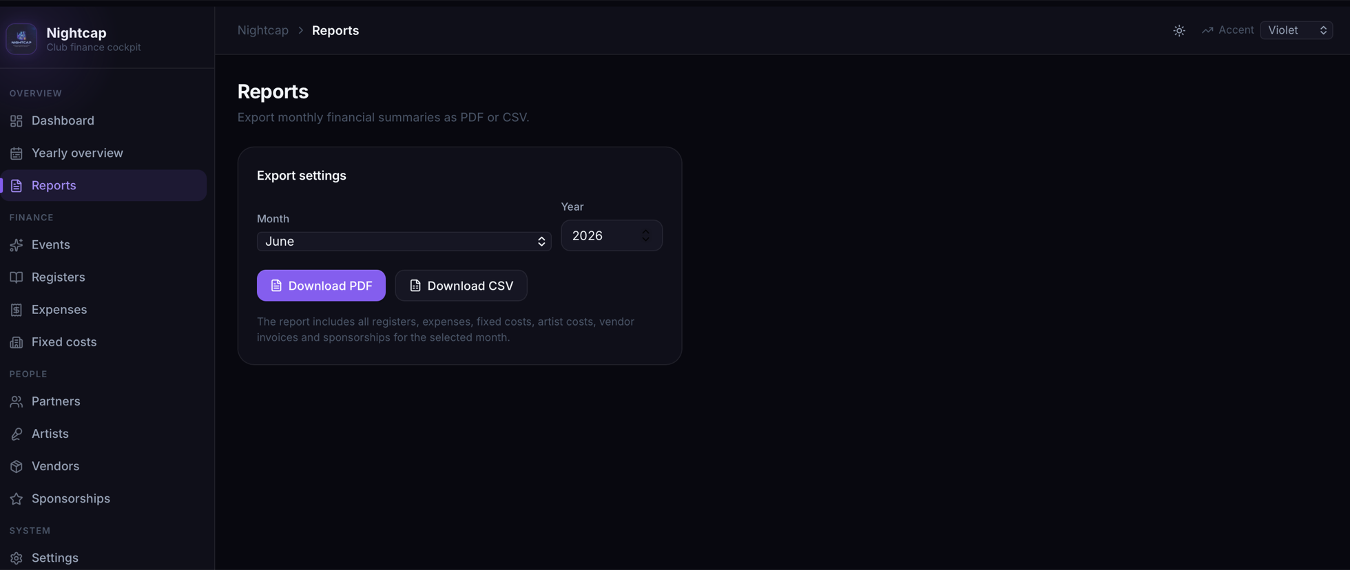 Nightcap Reports export — light theme